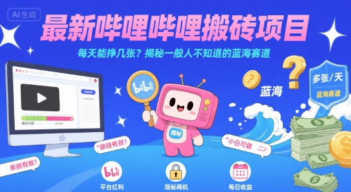 最新哔哩哔哩上B站搬砖项目，每天能挣几张？揭秘一般人不知道的蓝海赛道-尤课网创