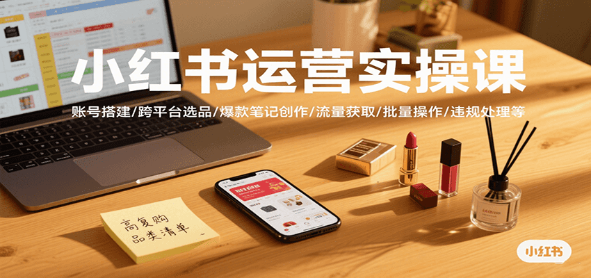小红书运营实操课，账号搭建/跨平台选品/爆款笔记创作/流量获取/批量操作/违规处理等-尤课网创