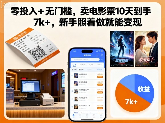 零投入+无门槛，卖电影票10天到手7k+，新手照着做就能变现【揭秘】-尤课网创