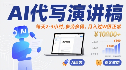 AI代写演讲稿，每天2-3小时，多劳多得，月入过W很正常-尤课网创
