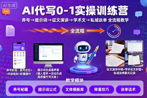 AI代写0-1实操训练营，从养号、提示词、征文演讲、学术文，到私域谈单的全流程教学-尤课网创