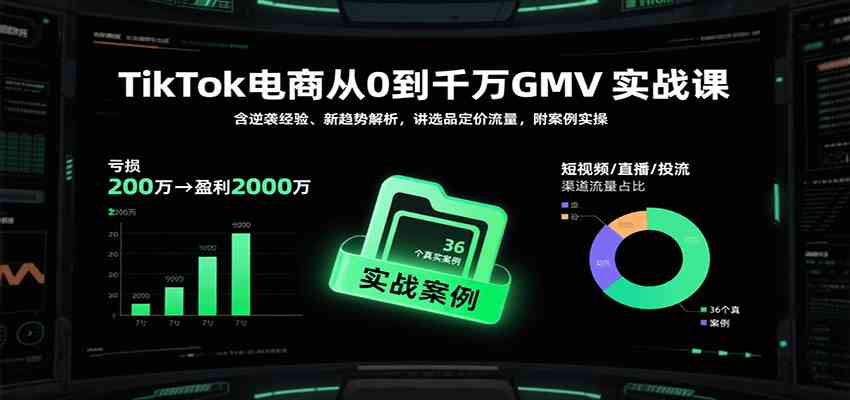 TikTok电商从0到千万GMV实战课，含逆袭经验、新趋势解析，讲选品定价流量，附案例实操-尤课网创