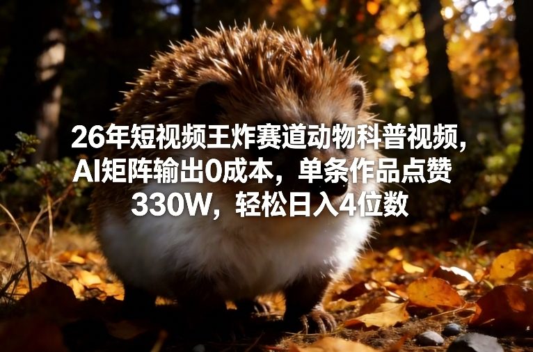 26年短视频王炸赛道动物科普视频，AI矩阵输出0成本，单条作品点赞330W，轻松日入4位数-尤课网创