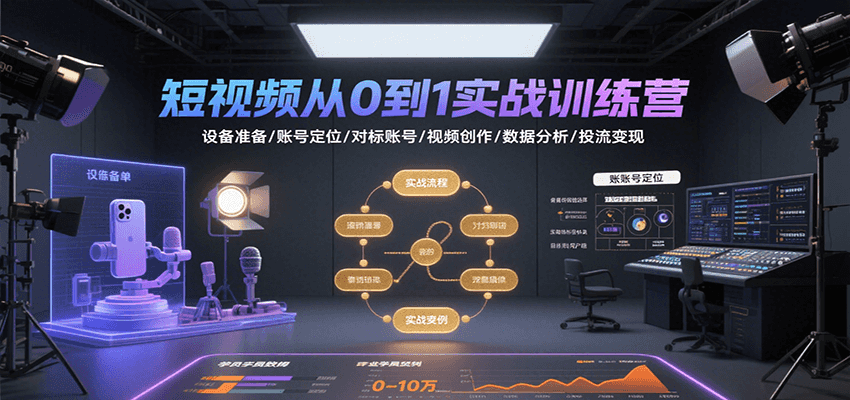 短视频从0到1实战训练营：设备准备/账号定位/对标账号/视频创作/数据分析/投流变现-尤课网创
