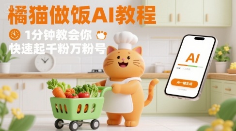 有趣的橘猫买菜做饭视频，用AI一键搞定，1分钟教会你，快速起千粉万粉号-尤课网创