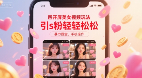 四开屏美女视频玩法，引s粉轻轻松松，暴力掘金，手机操作【揭秘】-尤课网创
