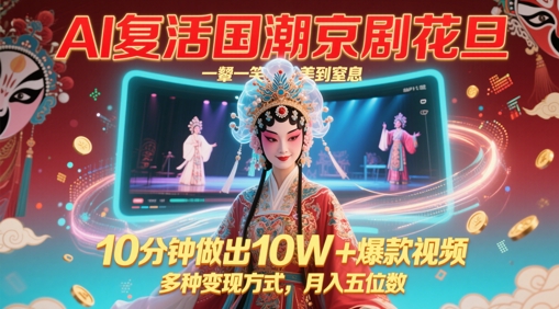 AI复活国潮京剧花旦，一颦一笑美到窒息，10分钟做出10W+爆款视频，多种变现方式，月入五位数-尤课网创