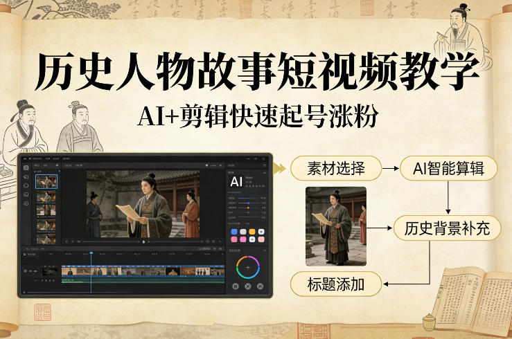 历史人物故事短视频教学，AI+剪辑制作历史人物题材短视频，快速起号涨粉-尤课网创