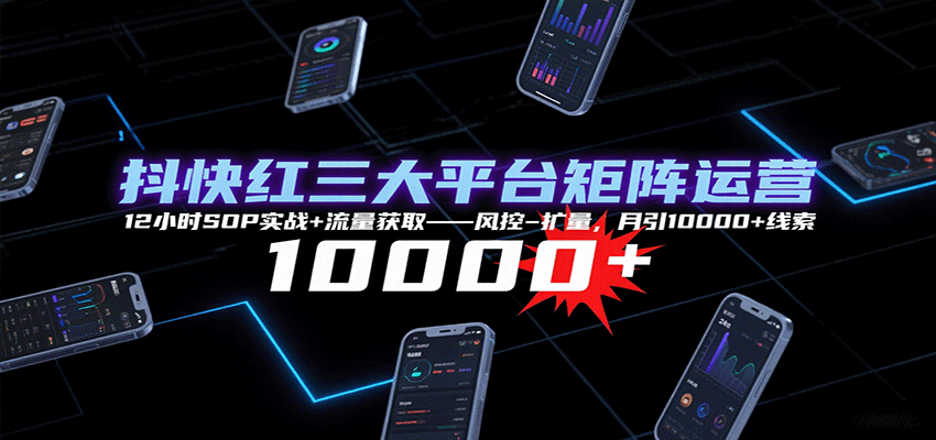 抖快红三大平台矩阵运营，12小时SOP实战+流量获取-风控-扩量，月引10000+线索-尤课网创
