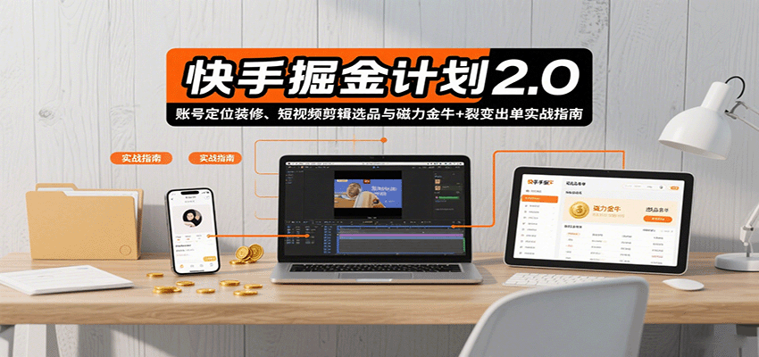 快手掘金计划2.0，账号定位装修、短视频剪辑选品与磁力金牛+裂变出单实战指南-尤课网创