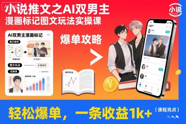 小说推文之AI双男主漫画标记图文玩法实操课，轻松爆单，一条收益1k+-尤课网创