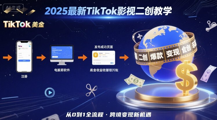 2025年最新TikTok影视二创教学，从注册到发布撸美金全流程，跨境变现新机遇-尤课网创
