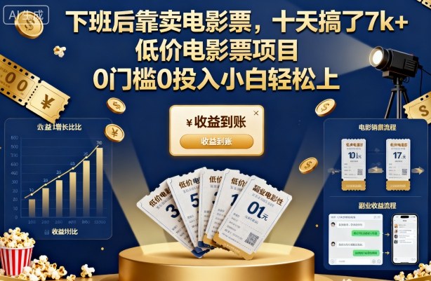 下班后靠卖电影票，十天搞了7k+，低价电影票项目，0门槛0投入小白轻松上手【揭秘】-尤课网创