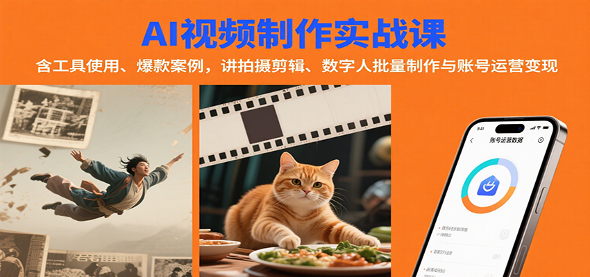 AI视频制作实战：含工具使用、爆款案例，讲拍摄剪辑、数字人批量制作与账号运营变现-尤课网创