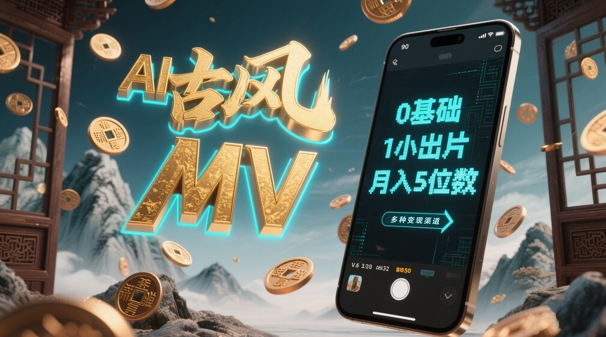 AI一键生成古风音乐MV，0剪辑基础1小时出片，多种变现渠道，一部手机月入5位数-尤课网创