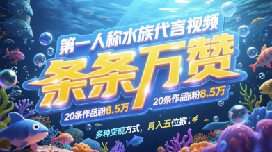 第一人称水族代言视频，条条万赞，20条作品涨粉7.8W，多种变现方式月入五位数-尤课网创
