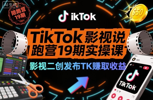 TikTok影视解说陪跑营19期实操课，影视二创发布TK賺取收益，万播收益50美金-尤课网创