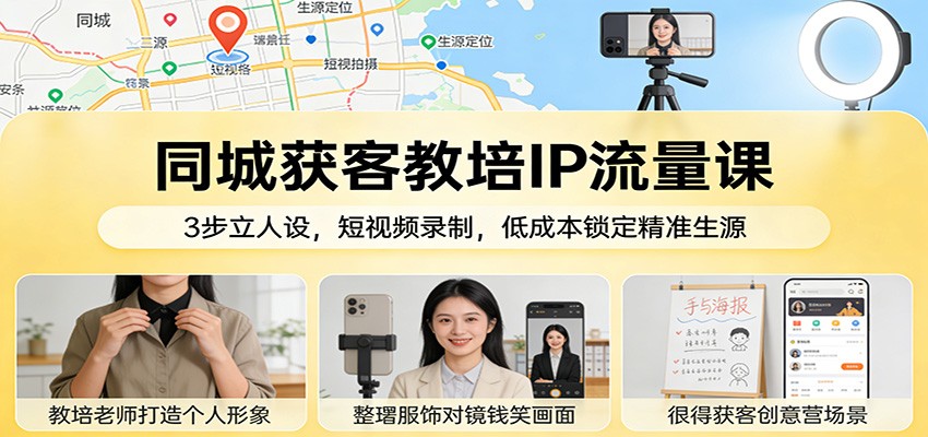 同城获客教培IP流量课：3步立人设，短视频录制，低成本锁定精准生源-尤课网创
