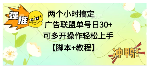 广告联盟掘金，每天2小时稳定收益单号30+可多开，轻松上手，全套详细【脚本+教程】-尤课网创