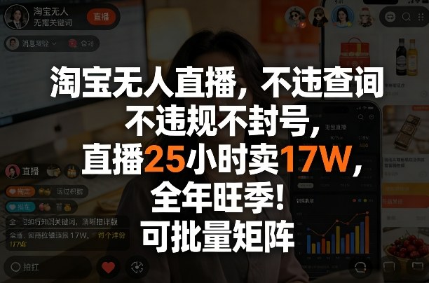 淘宝无人直播，不违规不封号，直播25小时卖17W，全年旺季！可批量矩阵【揭秘】-尤课网创