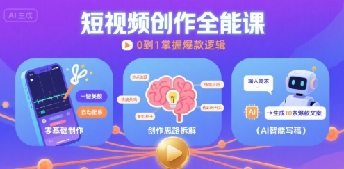 短视频创作课，短视频制作、创作思路、Ai写爆款文案-尤课网创