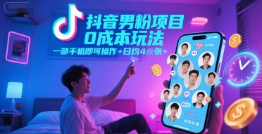 抖音男粉项目0成本玩法，一部手机即可操作，日均4张+，时间自由-尤课网创