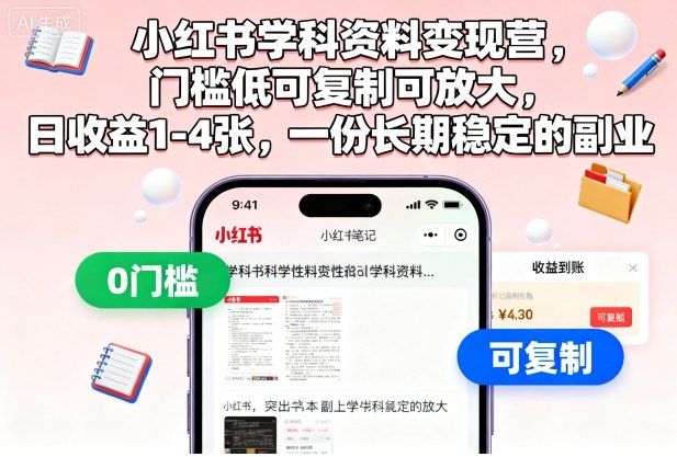 小红书学科资料变现营，门槛低可复制可放大，日收益1-4张，一份长期稳定的副业-尤课网创