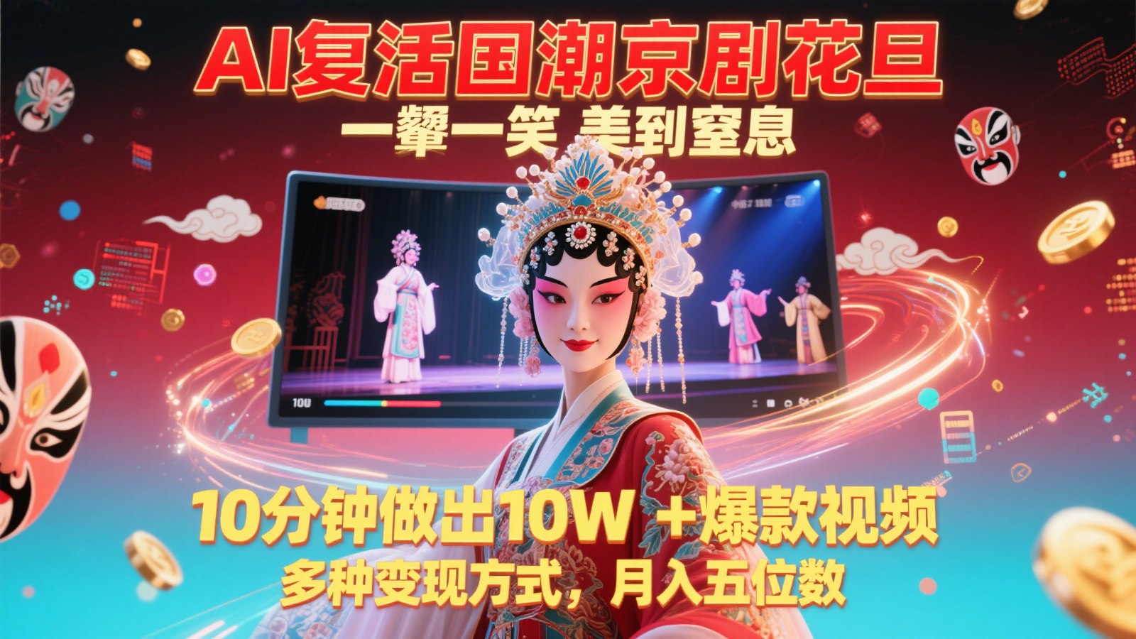 AI复活国潮京剧花旦，一颦一笑美到窒息，10分钟做出10W+爆款视频，多种变现方式-尤课网创