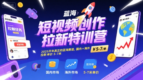 短视频创作拉新特训营，2025开年真正的蓝海赛道，国内+海外，拉新单价5-7米-尤课网创