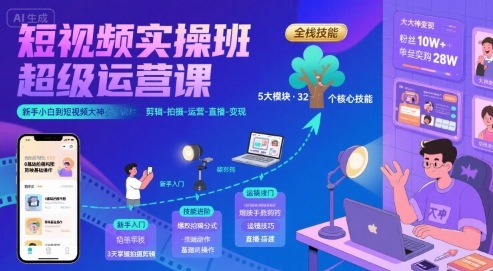 短视频实操班超级运营课，新手小白到短视频大神必修课程，剪辑-拍摄-运营-直播-变现-尤课网创