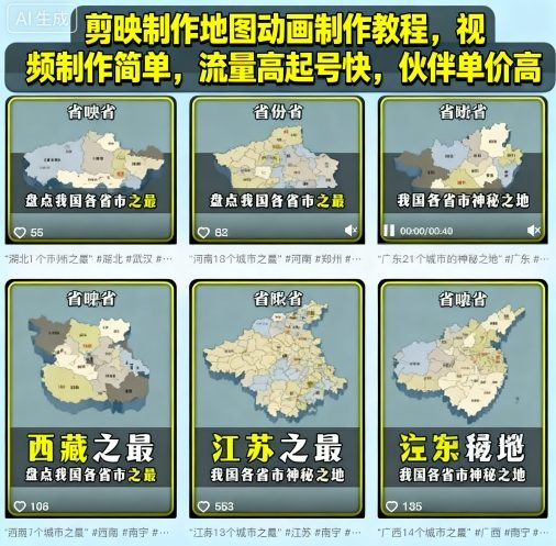 剪映制作地图动画制作教程，视频制作简单，流量高起号快，伙伴单价高-尤课网创