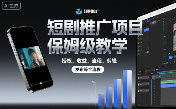 短剧推广项目保姆级教学,授权、收益、流程、剪辑,发布等全流程-尤课网创