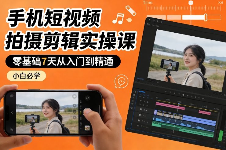 手机短视频拍摄剪辑实操课,零基础7天从入门到精通,小白必学-尤课网创