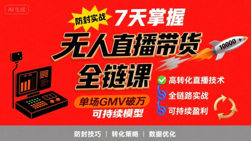 无人直播带货全链防封实战课，7天掌握高转化直播技术，实现单场GMV破万可持续模型-尤课网创