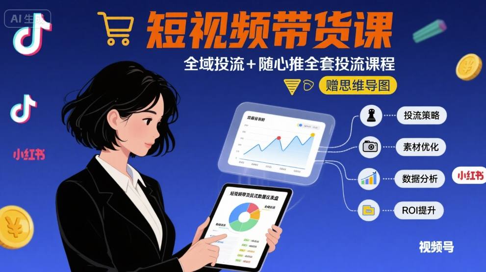 最新短视频带货课，全域投流+随心推全套投流课程+思维导图-尤课网创