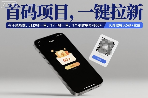 首码项目，一键拉新，有手就能做，几秒钟一单，1个小时单号可60+，认真做每天5张+收益【揭秘】-尤课网创