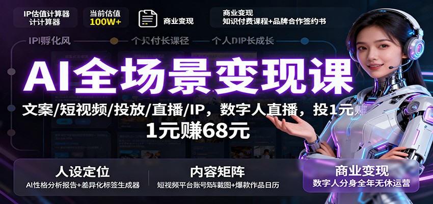 AI全场景变现课:文案/短视频/投放/直播/IP,数字人直播,投1元赚68元-尤课网创