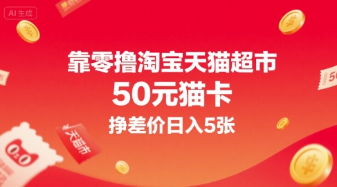 靠零撸淘宝天猫超市50元猫卡，挣差价日入5张-尤课网创