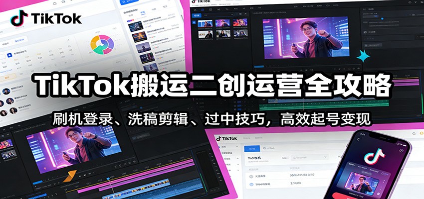 TikTok搬运二创运营全攻略:刷机登录、洗稿剪辑 、过中技巧,高效起号变现-尤课网创