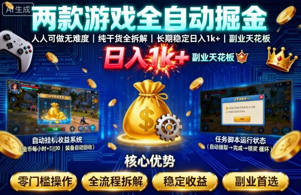 两款游戏全自动掘金，人人可做无难度，纯干货全拆解，长期稳定，日入1k+，副业天花板【揭秘】-尤课网创