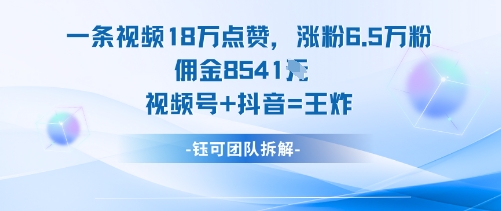 一条视频18W点赞,涨粉6.5W粉佣金8541米,视频号+抖音=王炸-尤课网创