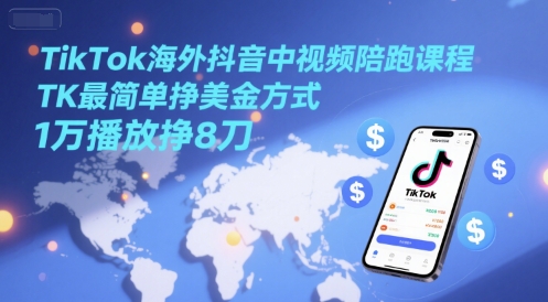 TikTok海外抖音中视频陪跑课程，TK最简单挣美金方式，1万播放挣8刀-尤课网创
