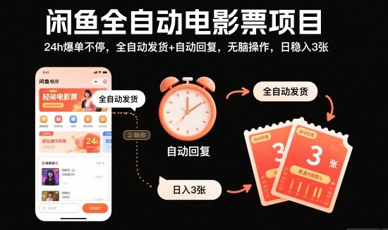 闲鱼全自动电影票项目,24h爆单不停,全自动发货+自动回复,无脑操作,日稳入3张【揭秘】-尤课网创