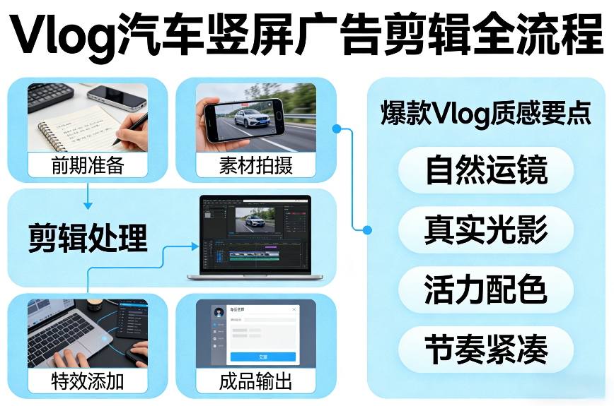 Vlog感觉汽车竖屏广告剪辑脚本全流程,拿捏爆款Vlog质感-尤课网创