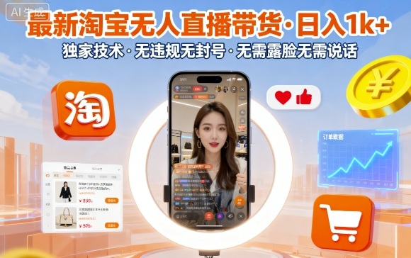 最新淘宝无人直播带货，日入1k+，独家技术，无违规无封号，无需露脸无需说话【揭秘】-尤课网创