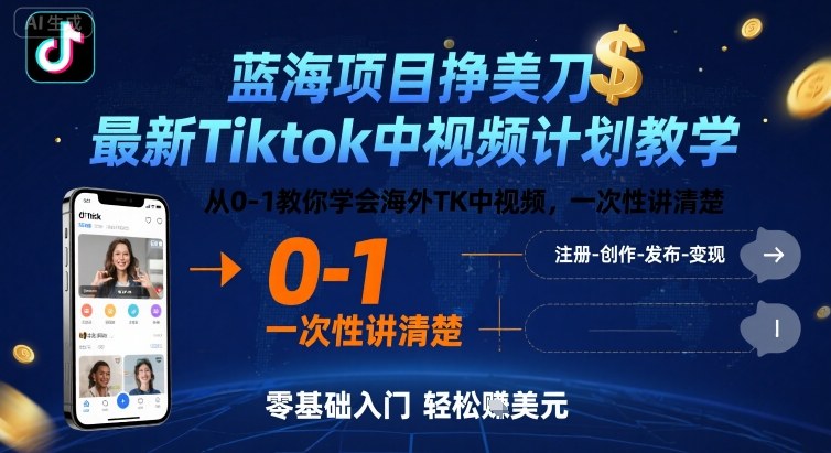 蓝海项目挣美刀，最新Tiktok中视频计划教学，从0-1教你学会海外TK中视频，一次性讲清楚-尤课网创