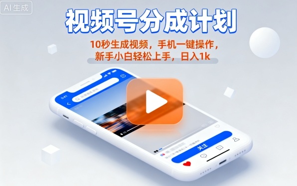 视频号分成计划懒人玩法，10秒生成视频，手机一键操作，新手小白轻松上手，日入1K【揭秘】-尤课网创