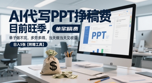 AI代写PPT挣稿费，目前旺季，单子做不完，多劳多得，当天做当天见收益，日入5张【附赠工具】-尤课网创