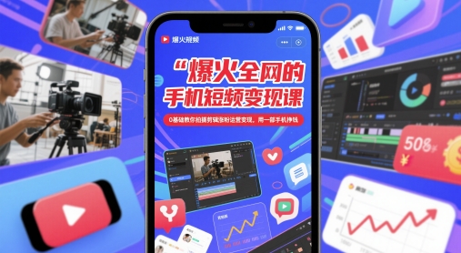 爆火全网的手机短视频变现课，0基础教你拍摄剪辑涨粉运营变现，用一部手机挣钱-尤课网创
