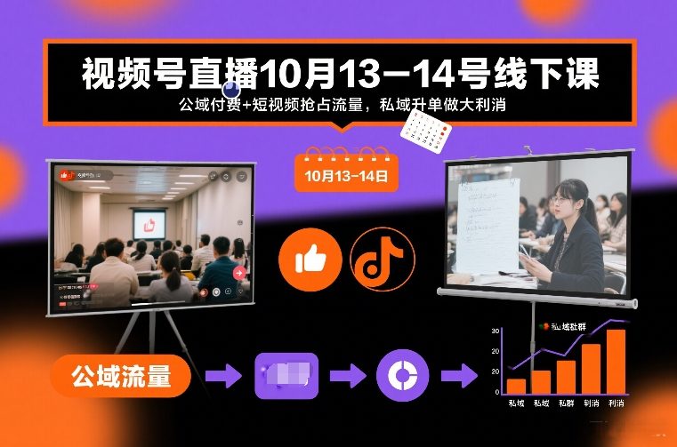 视频号直播10月13-14号线下课，公域付费+短视频抢占流量，私域升单做大利消-尤课网创